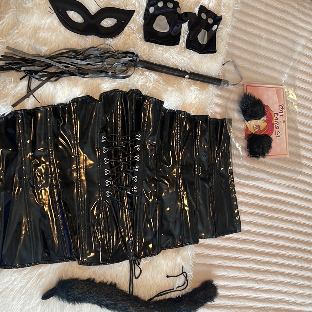 Cat costume elements- corset,cat ears, tail,paw gloves, and whip.